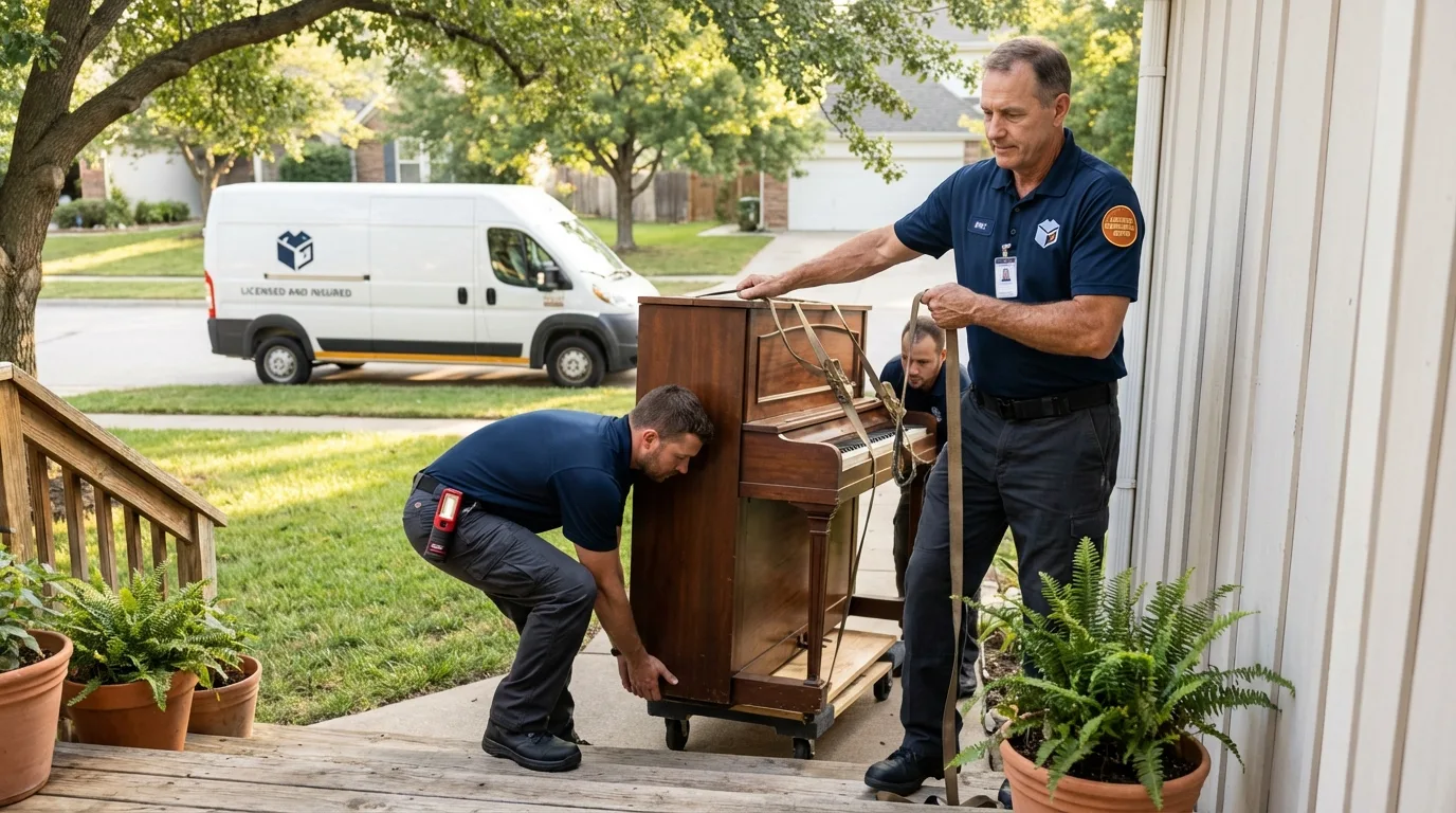 Licensed piano movers securing grand piano in York, NE