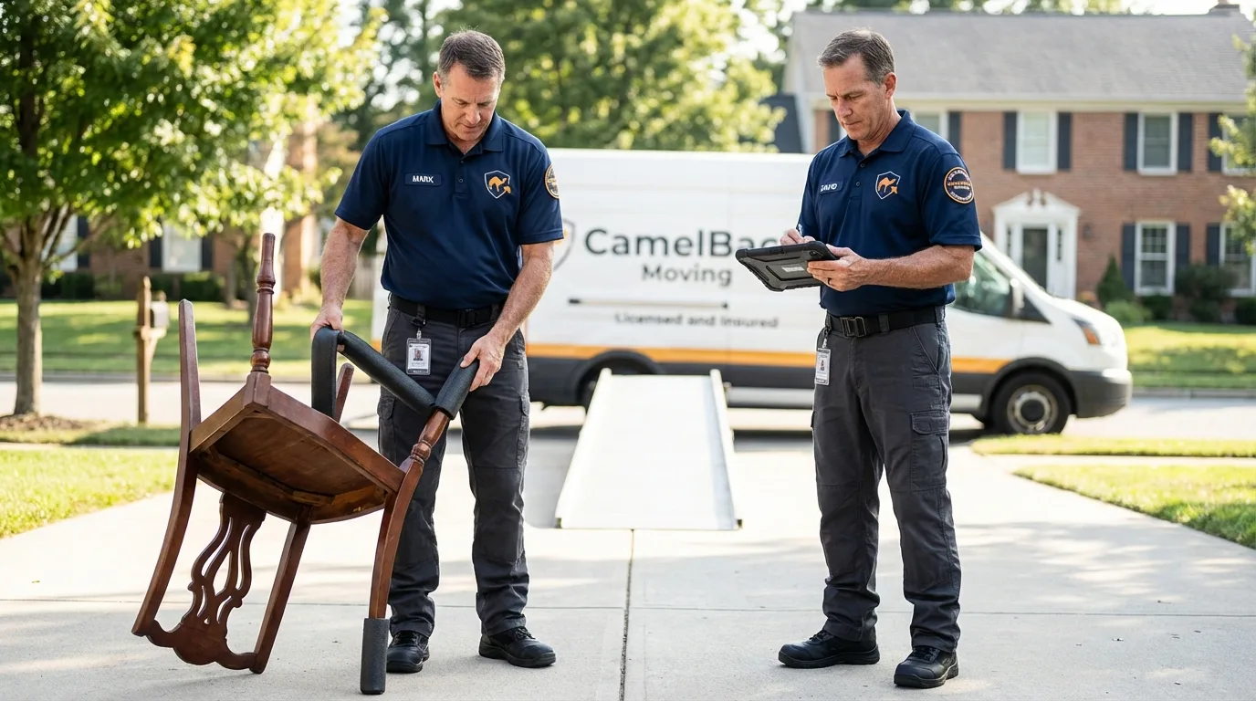 Movers inspecting furniture for damage prevention before loading in York, NE