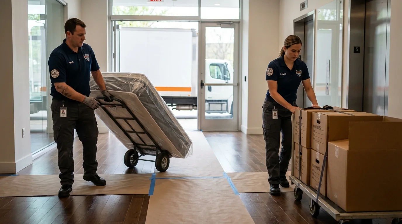 Professional apartment movers loading elevator in York, NE