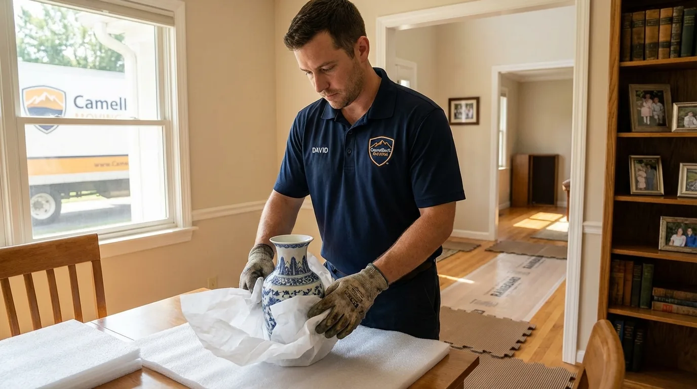 Professional crew carefully wrapping antique vase for senior downsizing move in York, NE
